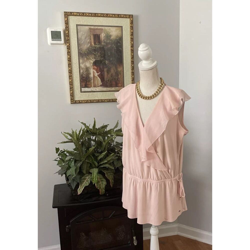 Tommy Hilfiger Pink Sleeveless Ruffle V Neck Elastic waist Blouse Top XL